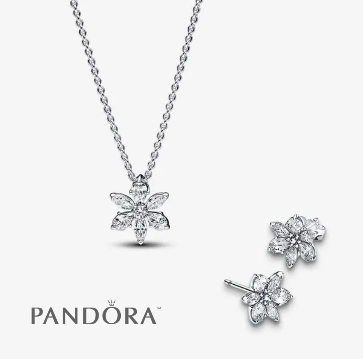 Silver Flower Necklace + Earring Set
