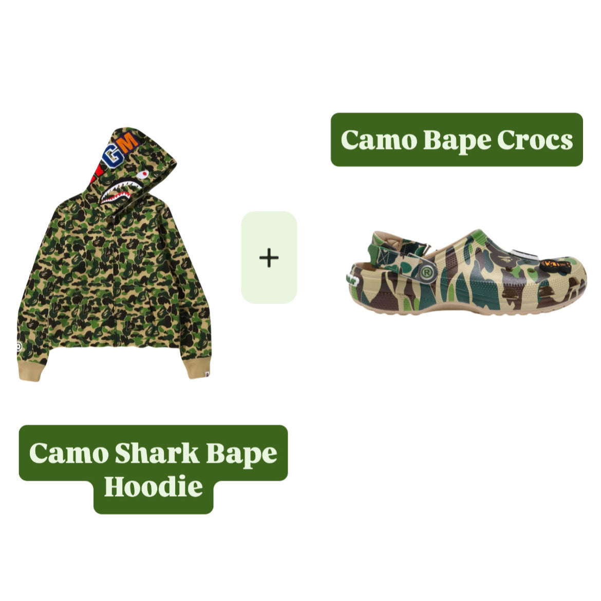 Camo shark bape hoodie + camo crocs duo