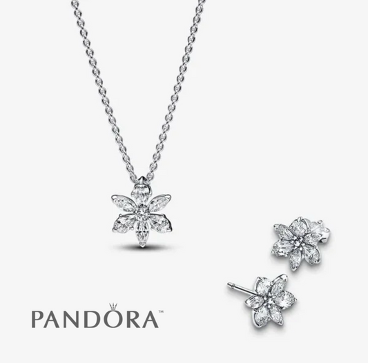 Silver Flower Necklace + Earring Set